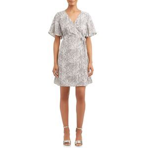 Time & Tru Snakeskin Faux Wrap Dress Womns SZ Large Flutter Sleeve Casual Simple
